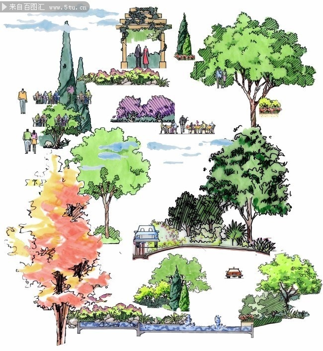 水彩手绘园林景观植物图片下载-psd素材-百图汇设计