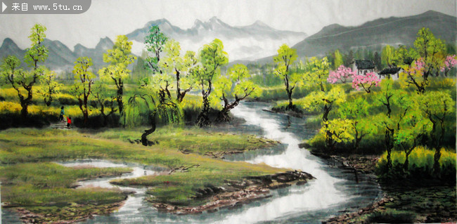 绿色田园自然风景绘画素材