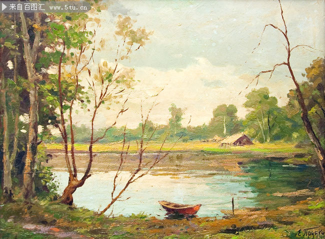 河边风景油画艺术绘画作品