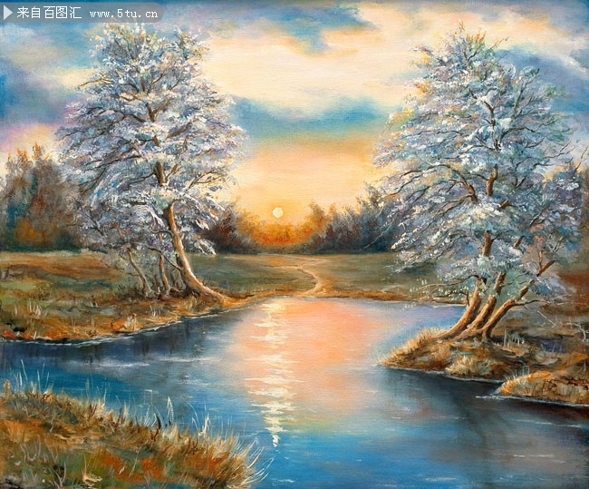 夕阳下的河面油画风景
