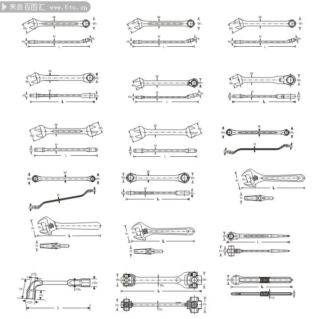 各种扳手工业线条图
